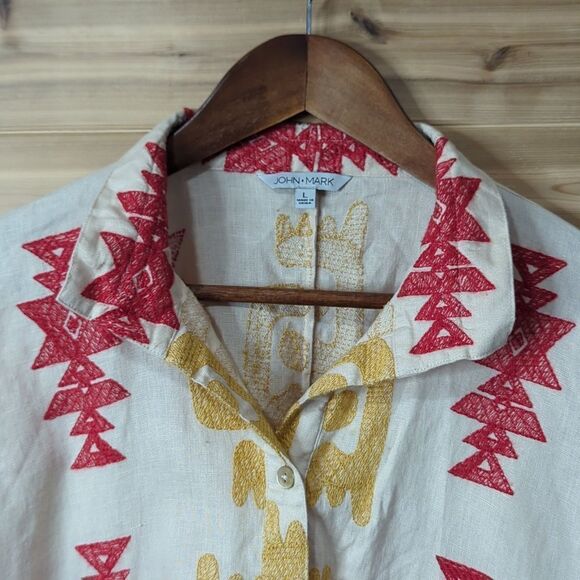 John Mark Top Womens Large Beige Embroidered Button Front Blouse Boho Art - Picture 2 of 12